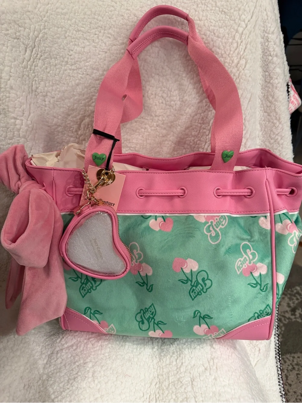 Juicy Couture Pink & Mint Floral Logo Tote with Heart Charm